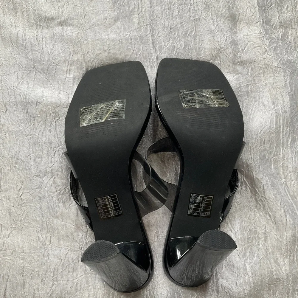 Forever 21 Black Patent Clear Strap Square Toe Thong Heel Mule Sandals Sz 10 Y2K